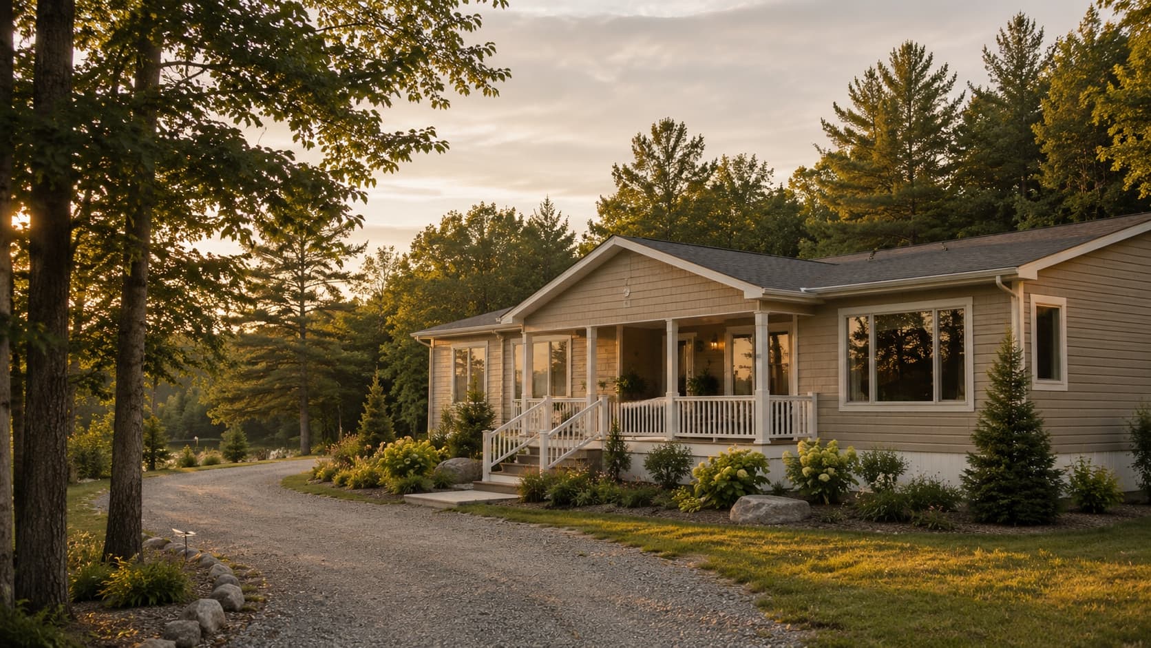 Modular home community at sunset in rural Ontario